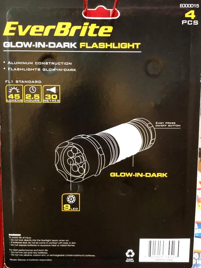 EverBright 45 Lumens Glow in Dark Aluminum Flashlight with Batteries - 4 Pack