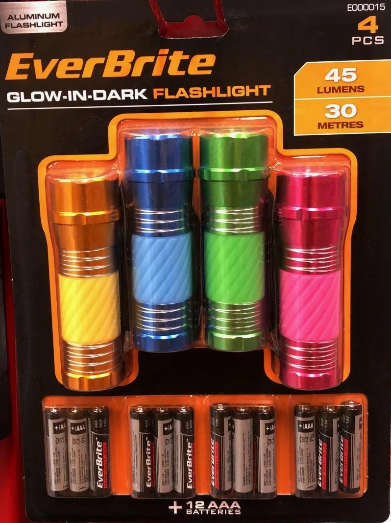 EverBright 45 Lumens Glow in Dark Aluminum Flashlight with Batteries - 4 Pack