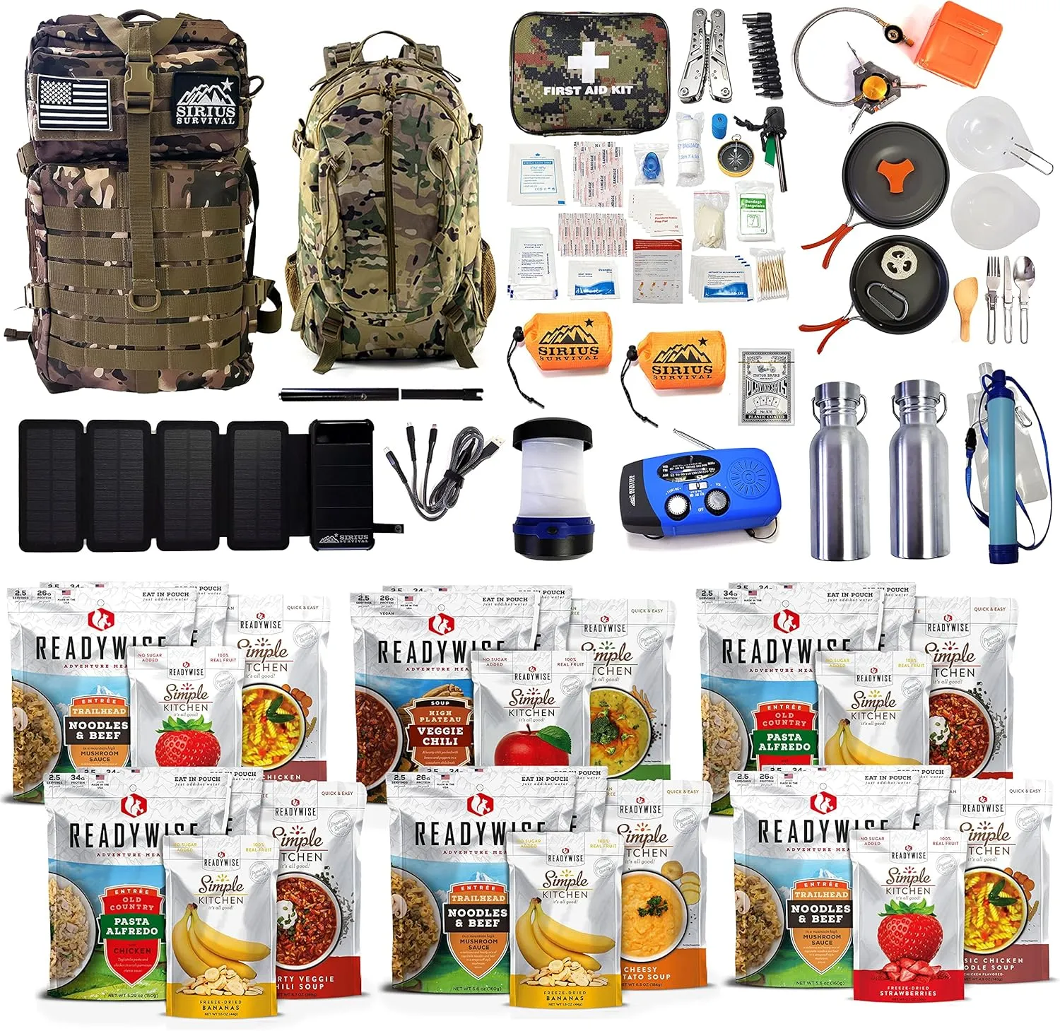 Family Comfort 72 Emergency Survival Kit/Backpack – 72 Hour for 2 People – Disaster Preparedness – Delicious ReadyWise Food, Gear, Lighting, First Aid, Tools & More - Sirius Survival