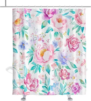 Farmhouse Floral Shower Curtain Watercolor Peony Design Rustic Shower Curtains for Bathroom Boho Spring Rose Plant Bath Curtains with Hooks 72" W X 84" H Pink