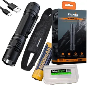 Fenix PD36R Pro 2800 Lumen USB Rechargeable LED Tactical Flashlight with EdisonBright Charging Cable Carry case Bundle