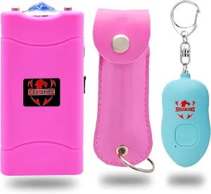 FIGHTSENSE Mini Stun Gun Flashlight with Pepper Spray and Personal Safety Alarm for Men and Women self Defense (Pink, Cyan)