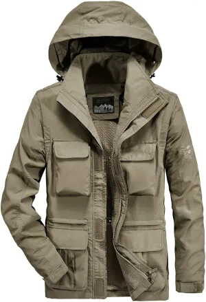 Finelylove Men's Tactical Jacket Military Waterproof Rain Jacket Breathable Hooded Windbreaker Raincoat Multi Pockets