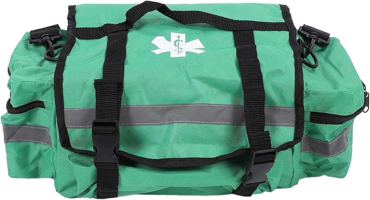 First Aid Bag Empty, Large Capacity First Aid Responder Ems Emergency Medical Trauma Bag with Adjustable Shoulder Strap Reflective Strip 600D PU Oxford Cloth Green