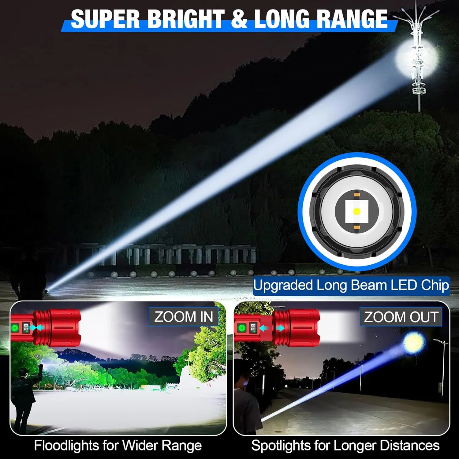 Flashlights High Lumens Rechargeable, Super Bright LED Powerful Flashlight, Type-C, 5 Modes, Zoomable, IPX5 Waterproof High Powered Tactical Flash Light for Emergency Camping,Red