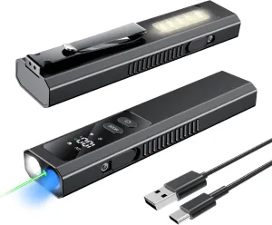 Flat EDC Flashlight with 4 Light Sources: Main White WorkLight, Side Warm Light with Red/Blue Flashing, Green Beam, UV; Magnetic Base, Pocket Clip, Rechargeable