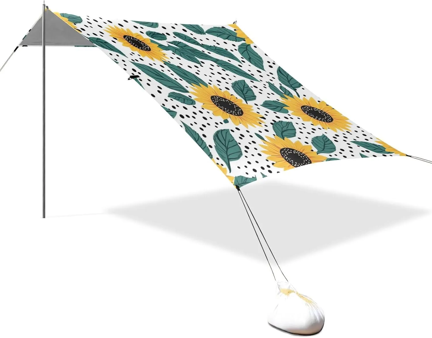 Flower Yellow Sunflowers Teal Leaves Designed UPF50  Protection Foldable Beach Canopy Water-Resistant Large Portable Sun Shelter with Sandbags and Shovel for Camping Trips, Fishing, Backyard