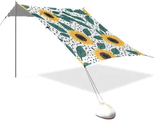 Flower Yellow Sunflowers Teal Leaves Designed UPF50  Protection Foldable Beach Canopy Water-Resistant Large Portable Sun Shelter with Sandbags and Shovel for Camping Trips, Fishing, Backyard