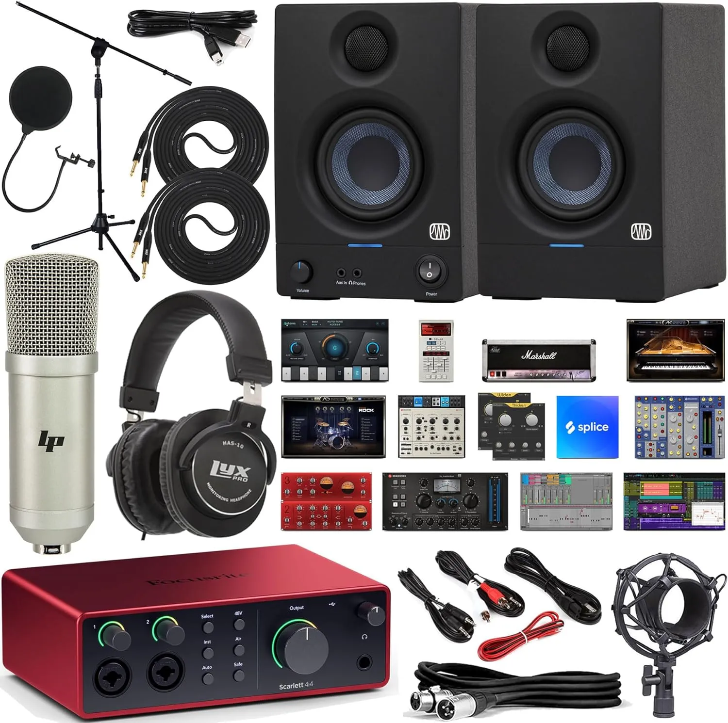 Focusrite Scarlett 4i4 USB-C Audio/MIDI Interface Complete Kit with Exclusive Software Bundle with New Designed Eris E3.5 Studio Monitors, Professional Microphone Kit and Recording Headphones