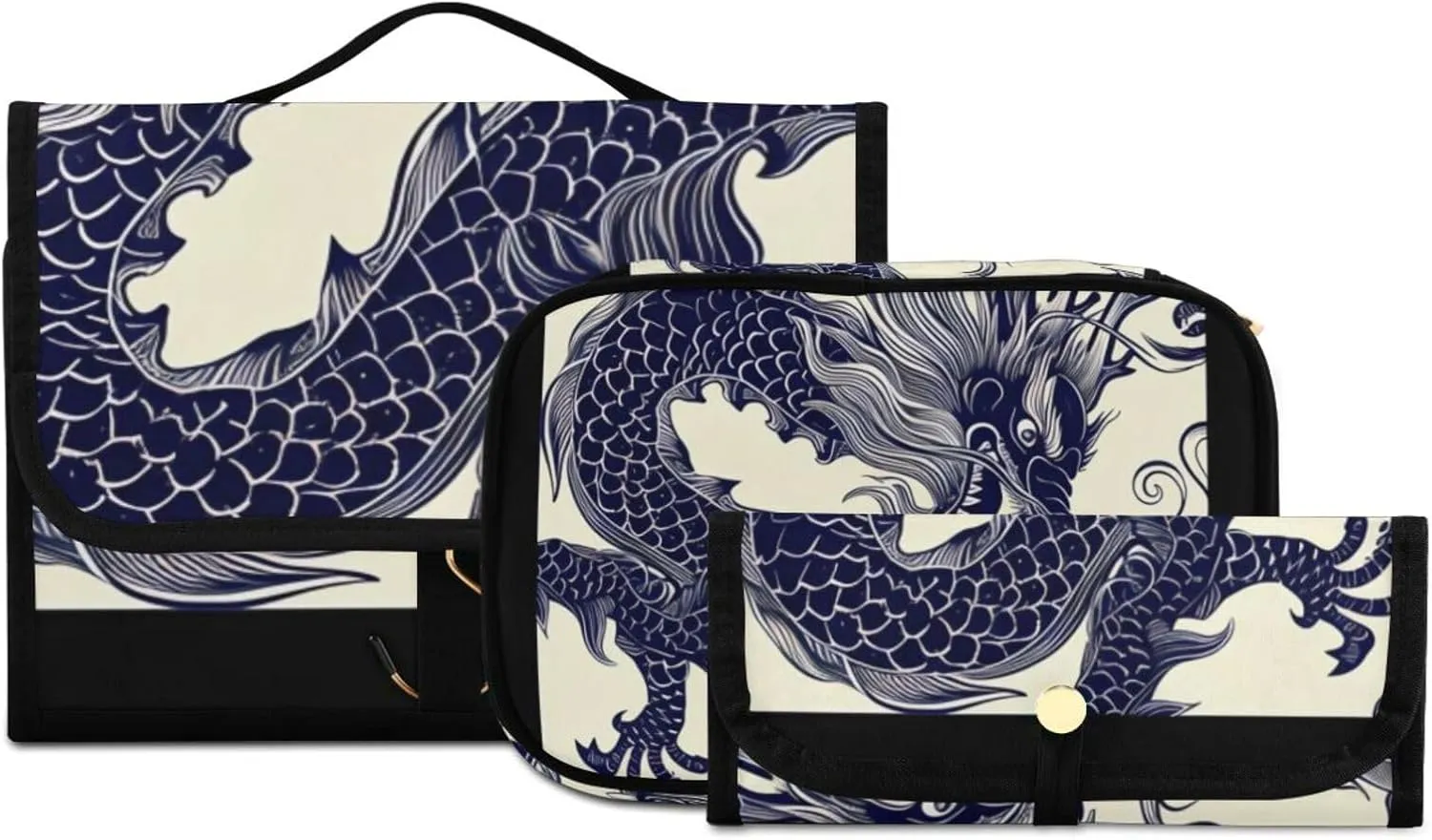 Foldable Hanging Travel Toiletry Organizer Set 3-Piece with Cosmetic Bag & Brush Holder - Chinese Dragon (1)