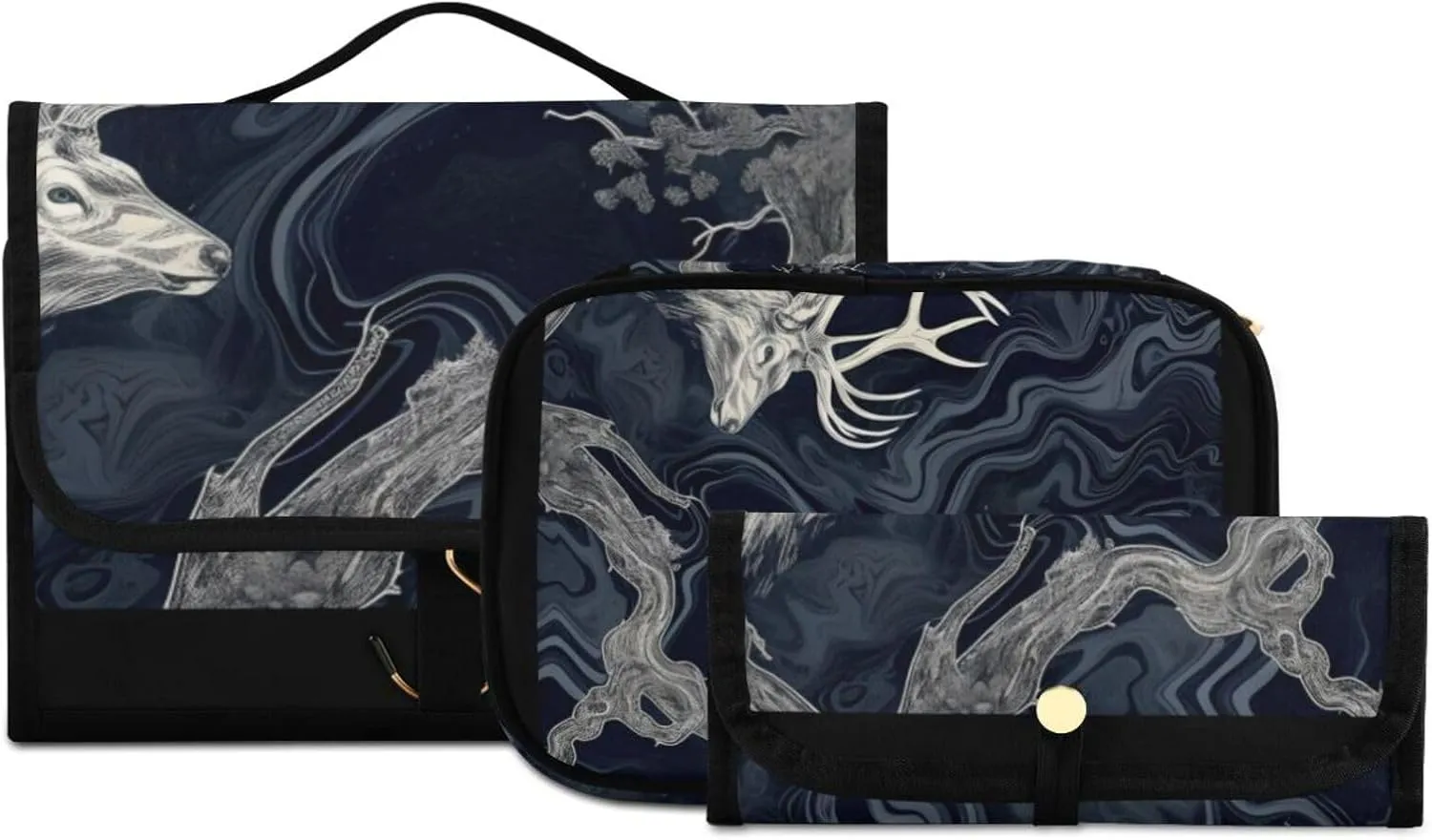Foldable Hanging Travel Toiletry Organizer Set 3-Piece with Cosmetic Bag & Brush Holder - Deer (1)