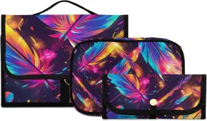 Foldable Hanging Travel Toiletry Organizer Set 3-Piece with Cosmetic Bag & Brush Holder - Feather (1)