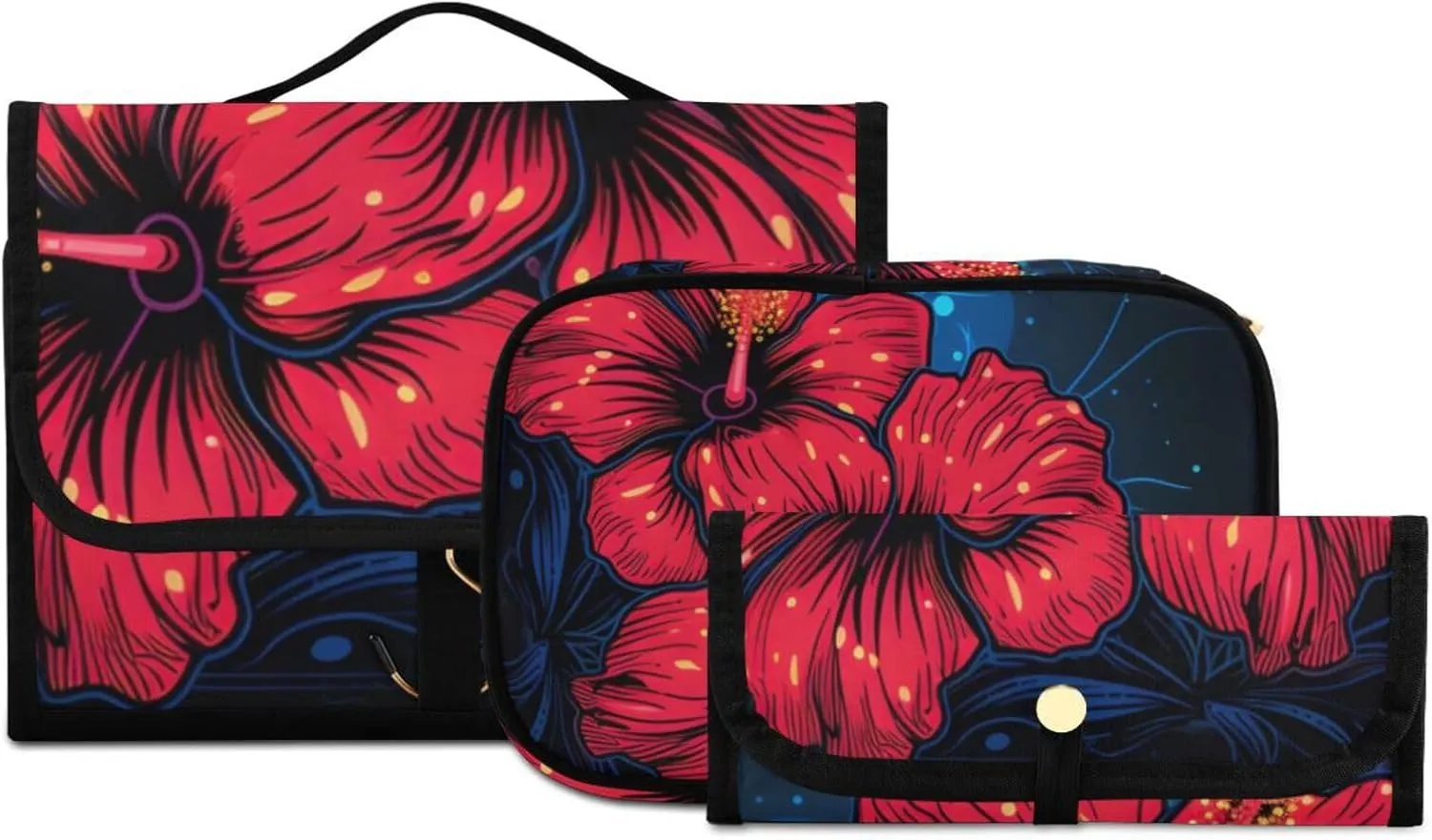 Foldable Hanging Travel Toiletry Organizer Set 3-Piece with Cosmetic Bag & Brush Holder - Flower (16)