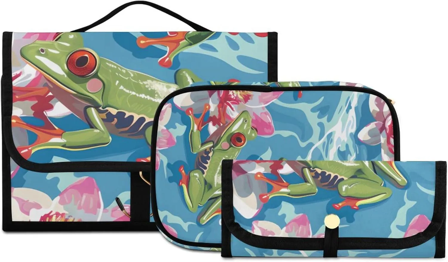 Foldable Hanging Travel Toiletry Organizer Set 3-Piece with Cosmetic Bag & Brush Holder - Frog (7)