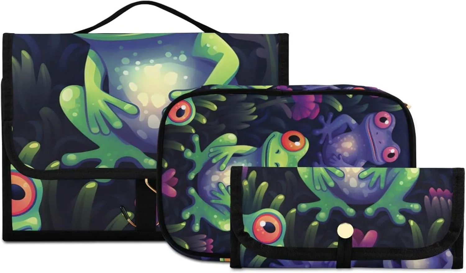 Foldable Hanging Travel Toiletry Organizer Set 3-Piece with Cosmetic Bag & Brush Holder - Heart Flowers Frog (1)