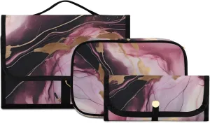 Foldable Hanging Travel Toiletry Organizer Set 3-Piece with Cosmetic Bag & Brush Holder - Marble Gold Pink