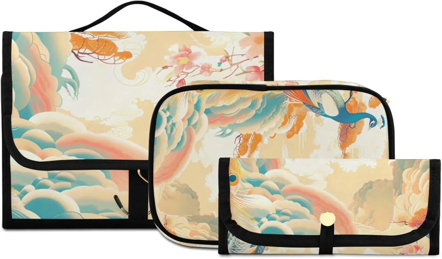 Foldable Hanging Travel Toiletry Organizer Set 3-Piece with Cosmetic Bag & Brush Holder - Peacock (11)
