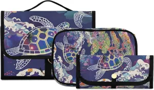 Foldable Hanging Travel Toiletry Organizer Set 3-Piece with Cosmetic Bag & Brush Holder - Sea Turtle (2)