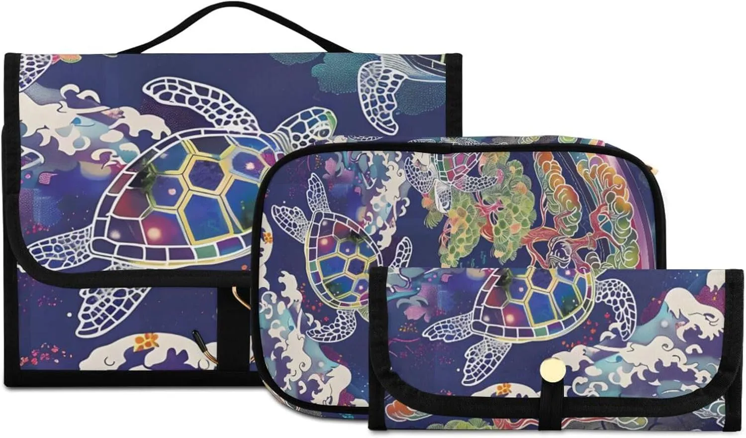 Foldable Hanging Travel Toiletry Organizer Set 3-Piece with Cosmetic Bag & Brush Holder - Sea Turtle (2)