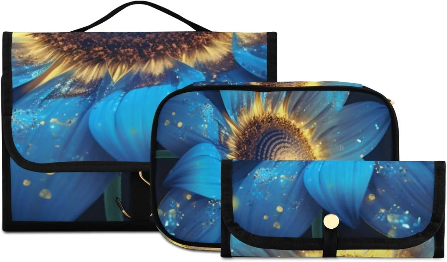 Foldable Hanging Travel Toiletry Organizer Set 3-Piece with Cosmetic Bag & Brush Holder - Sunflower (14)