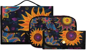 Foldable Hanging Travel Toiletry Organizer Set 3-Piece with Cosmetic Bag & Brush Holder - Sunflower (27)