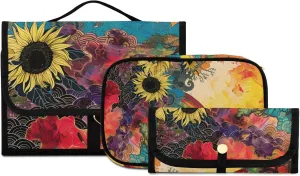 Foldable Hanging Travel Toiletry Organizer Set 3-Piece with Cosmetic Bag & Brush Holder - Sunflower (4)