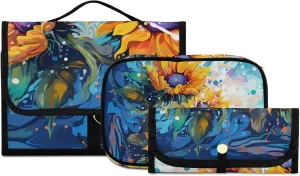 Foldable Hanging Travel Toiletry Organizer Set 3-Piece with Cosmetic Bag & Brush Holder - Sunflower (6)