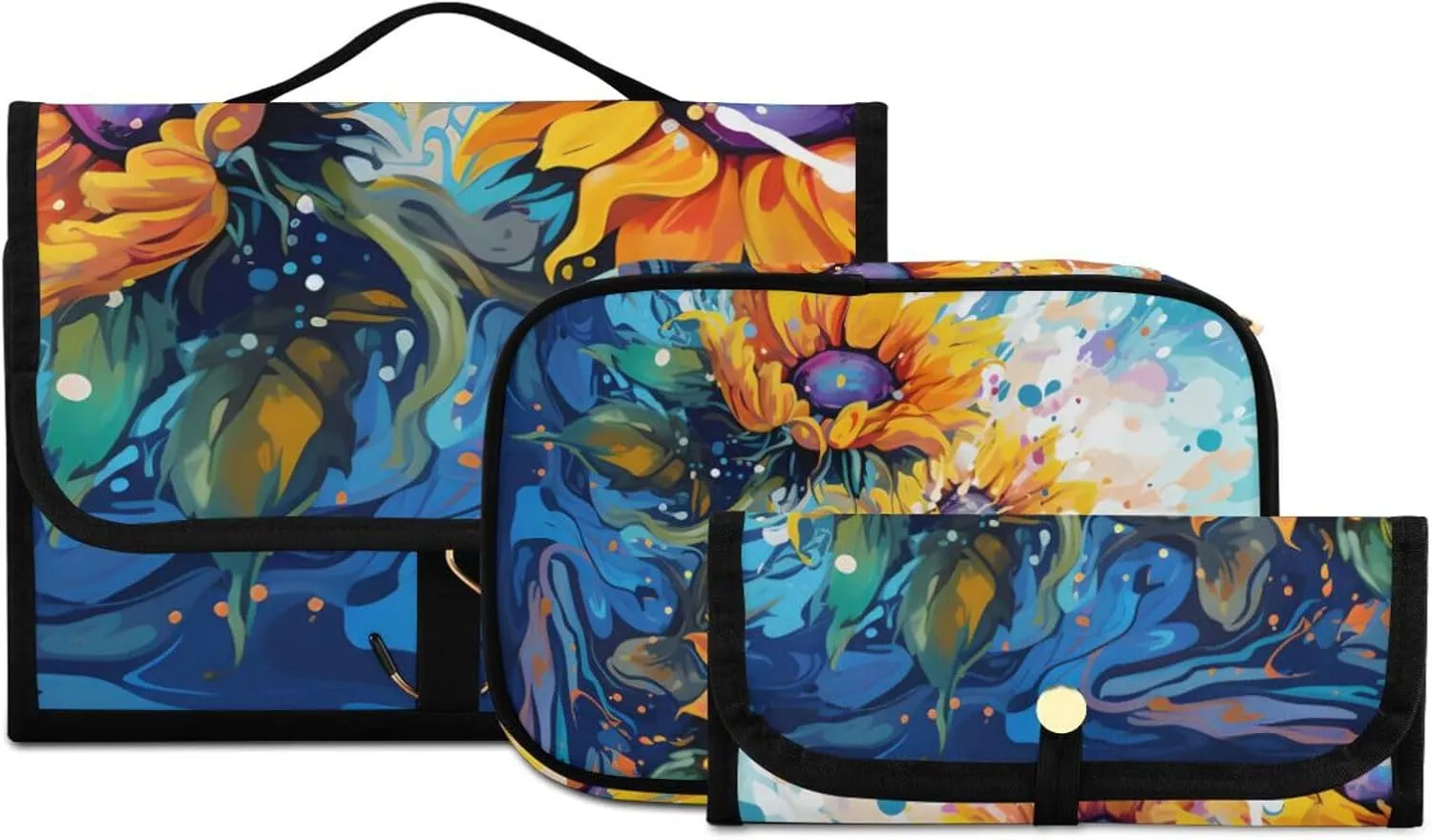 Foldable Hanging Travel Toiletry Organizer Set 3-Piece with Cosmetic Bag & Brush Holder - Sunflower (6)