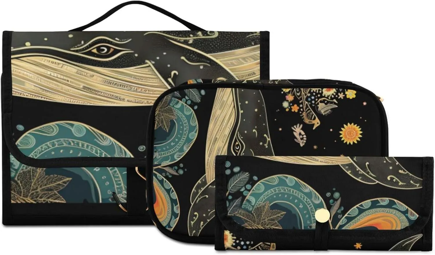 Foldable Hanging Travel Toiletry Organizer Set 3-Piece with Cosmetic Bag & Brush Holder - Whale (4)
