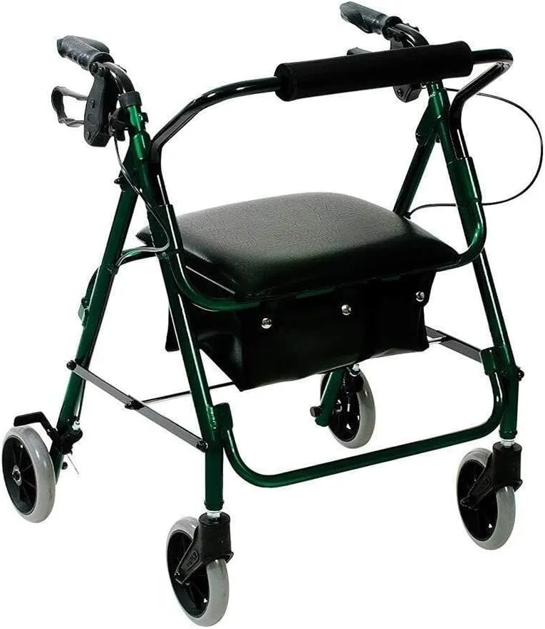 Folding Four Wheel Rollator Walker with Padded Seat, Lockable Brakes, Ergonomic Handles Carry Bag, Lightweight Limited Mobility Aid