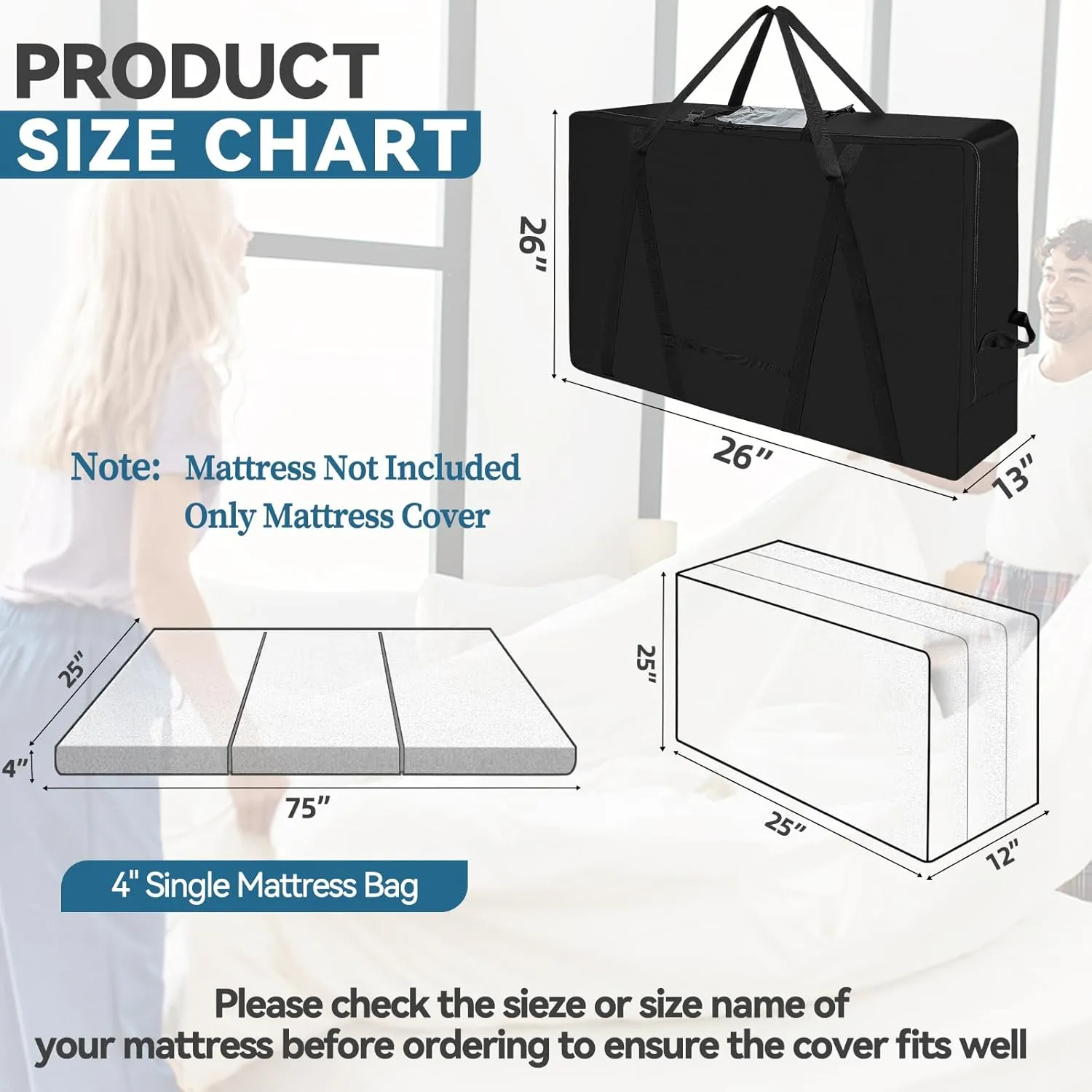 Folding Mattress Storage Bag,Trifold Memory Foam Mattress Carry Case,Portable Heavy Duty Mattress Moving Bag for Tri-Fold Guest Bed Mattress Fits 4" Single Mattress