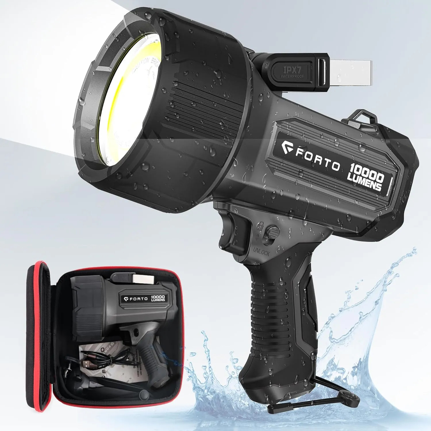 FORTO Rechargeable Spotlight 10000 Lumen Ultra Bright IPX7 Waterproof Flashlight, Boat Spotlight with EVA Carrying Case Tripod, 7 Light Modes Handheld Spotlight Flashlight for Marine Boat Hunting