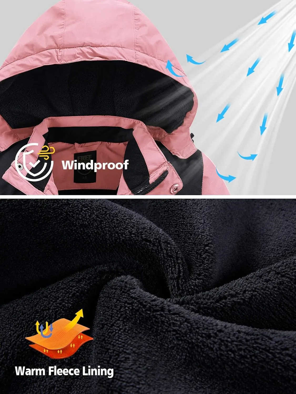 FREE SOLDIER Boys Girls Waterproof Ski Jacket Fleece Lined Warm Winter Snow Coat Kids Winter Jacket with Detachable Hood