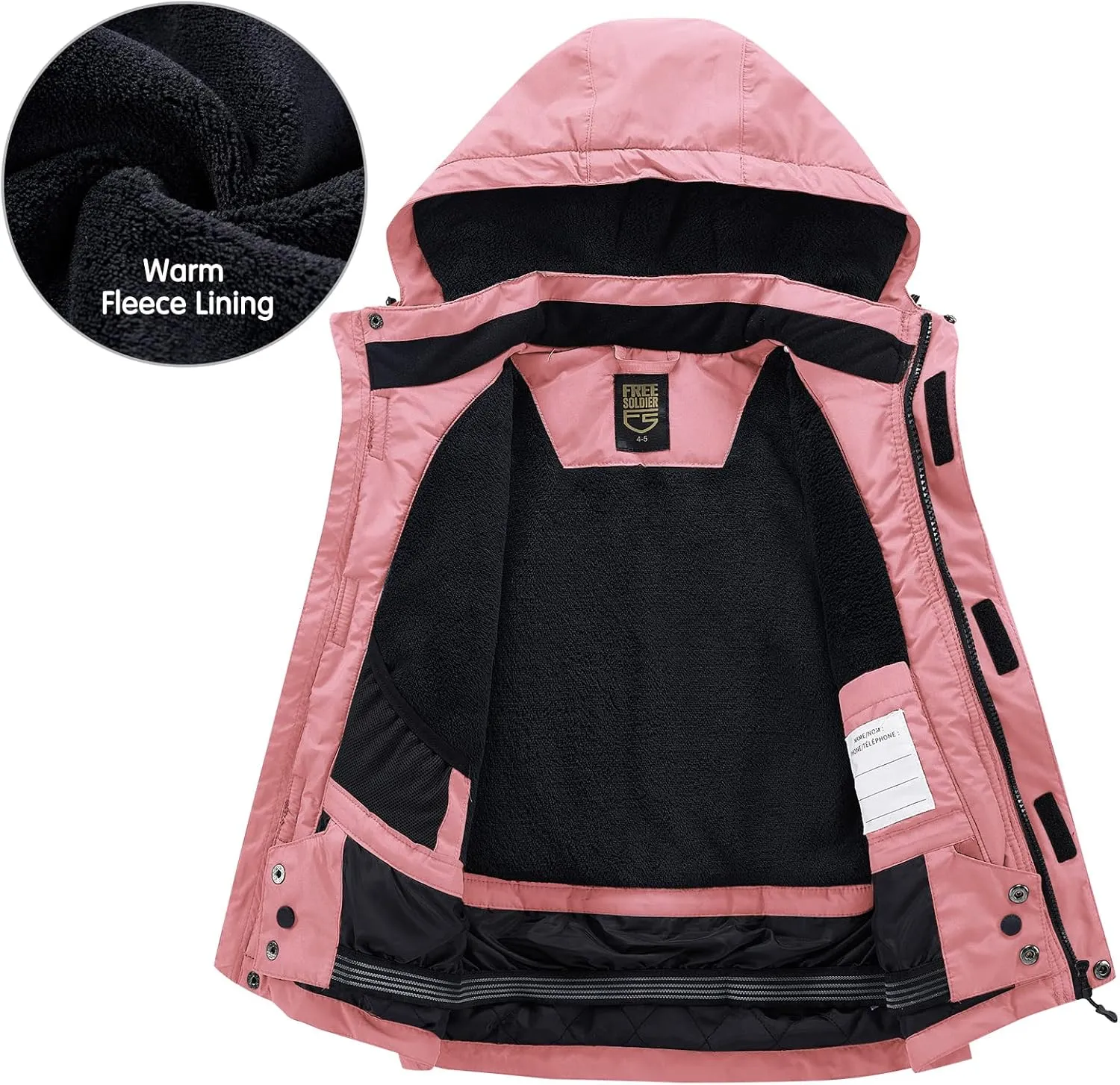 FREE SOLDIER Boys Girls Waterproof Ski Jacket Fleece Lined Warm Winter Snow Coat Kids Winter Jacket with Detachable Hood