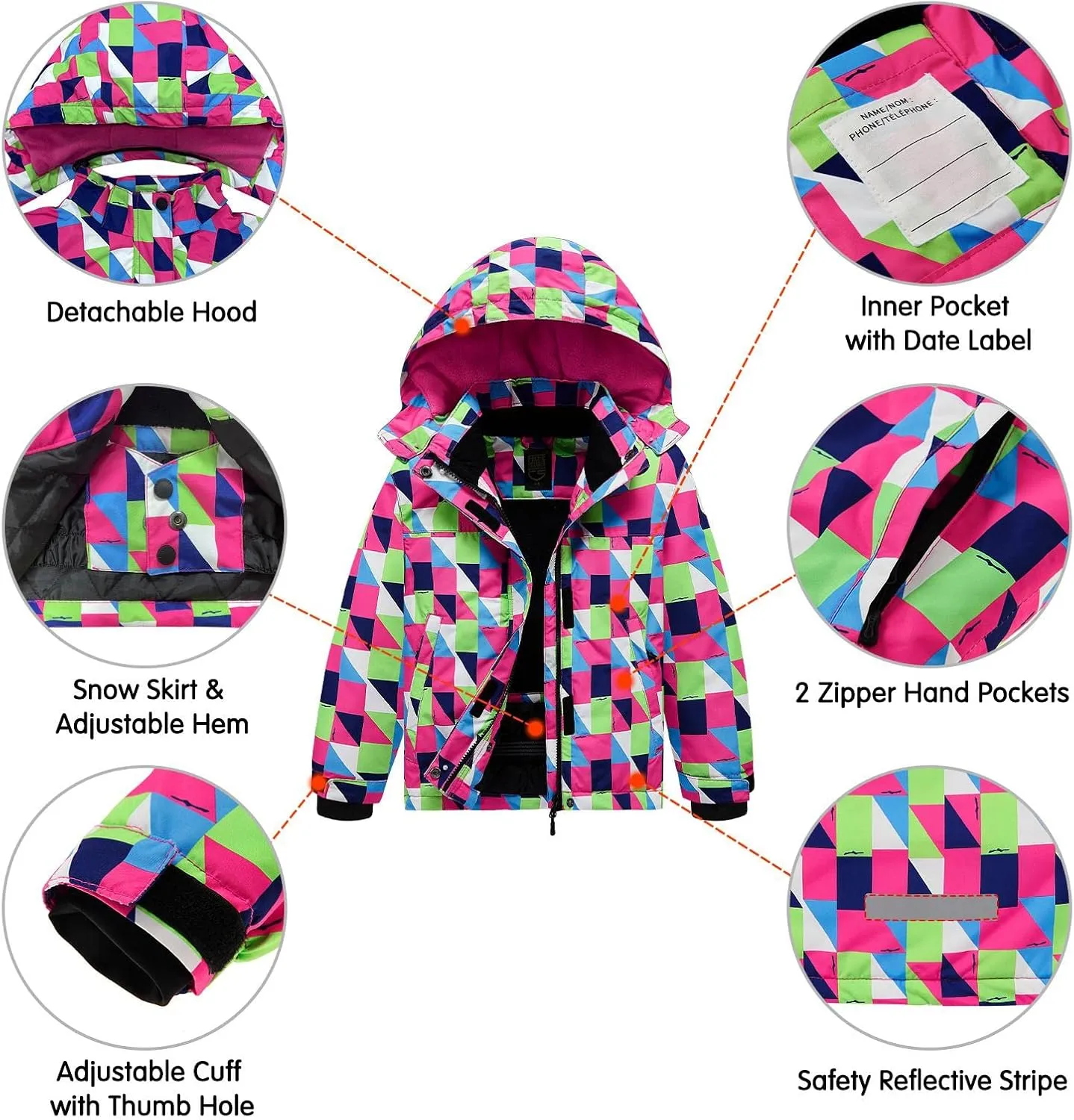 FREE SOLDIER Boys Girls Waterproof Ski Jacket Fleece Lined Warm Winter Snow Coat Kids Winter Jacket with Detachable Hood