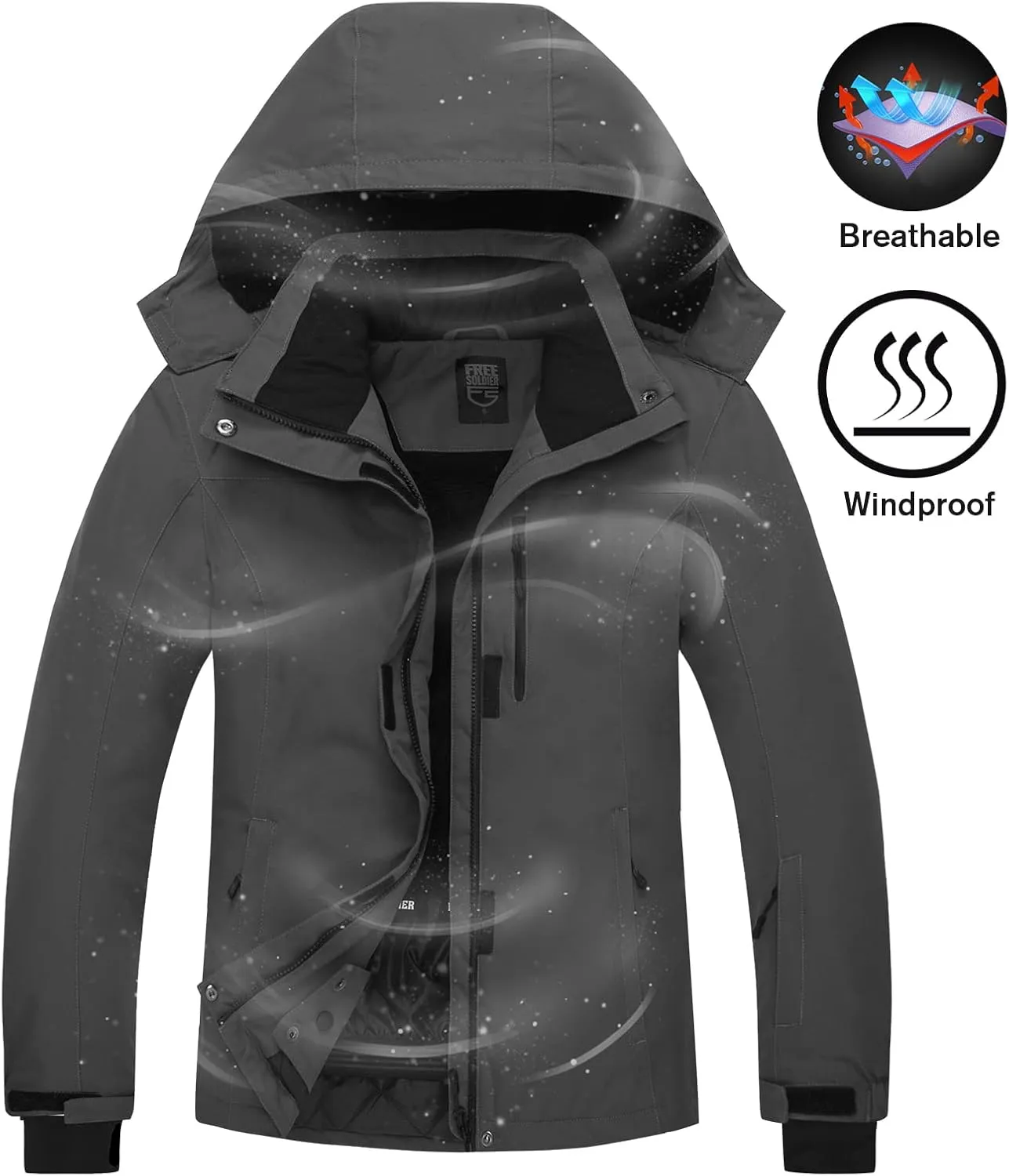 FREE SOLDIER Men's Waterproof Ski Snow Jacket Fleece Lined Warm Winter Rain Jacket with Hood Fully Taped Seams