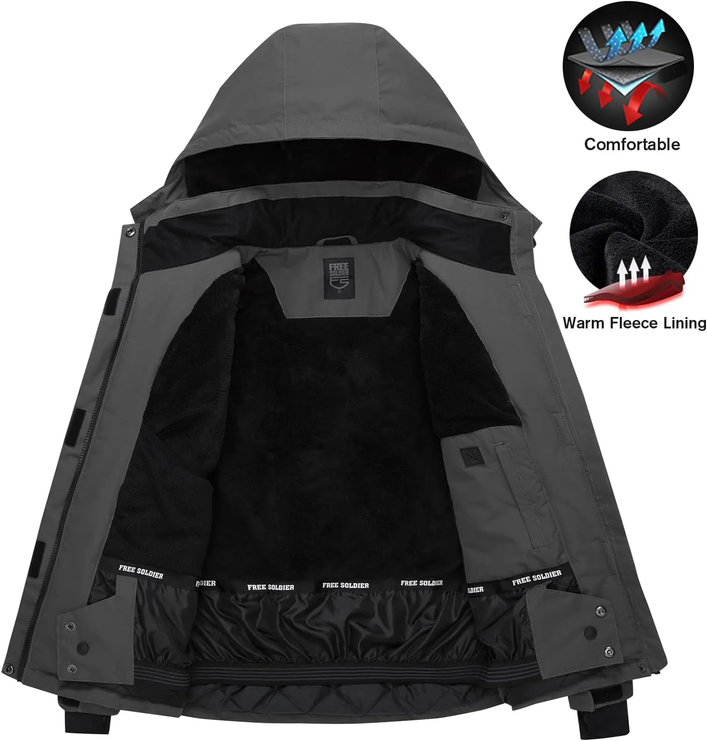 FREE SOLDIER Men's Waterproof Ski Snow Jacket Fleece Lined Warm Winter Rain Jacket with Hood Fully Taped Seams