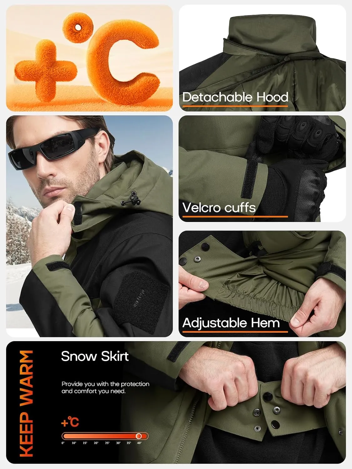 FREE SOLDIER Men's Waterproof Ski Winter Jacket Warm Winter Snow Snowboard Coat with Multi Pockets Detachable Hood