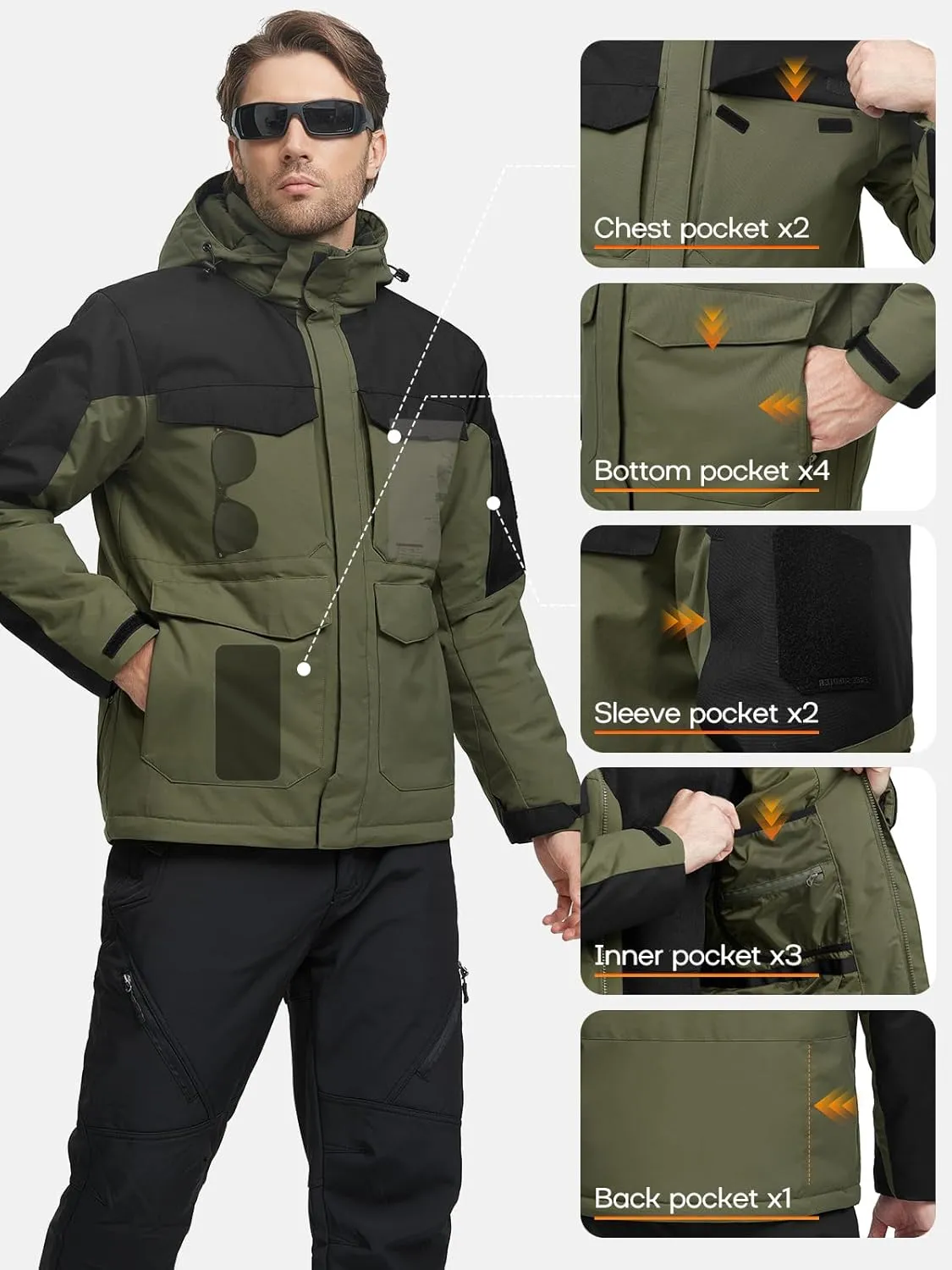 FREE SOLDIER Men's Waterproof Ski Winter Jacket Warm Winter Snow Snowboard Coat with Multi Pockets Detachable Hood