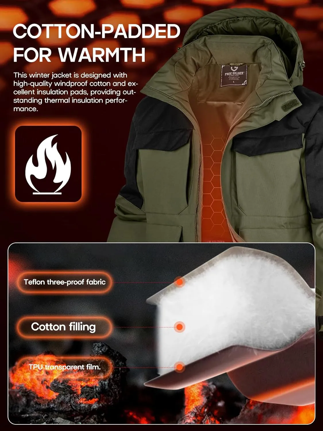 FREE SOLDIER Men's Waterproof Ski Winter Jacket Warm Winter Snow Snowboard Coat with Multi Pockets Detachable Hood