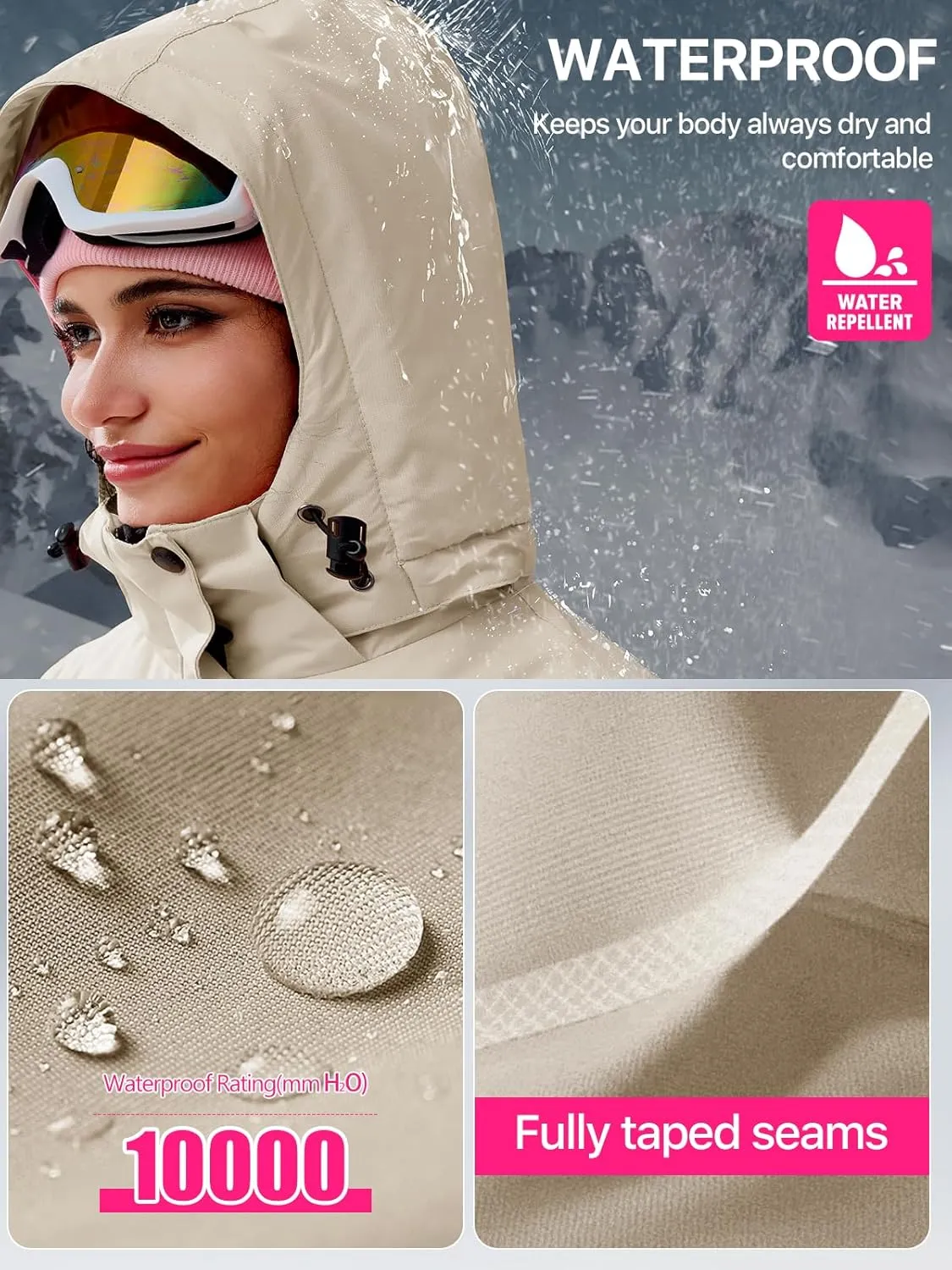 FREE SOLDIER Women's Waterproof Ski Snow Jacket Fleece Lined Warm Winter Rain Jacket with Hood Fully Taped Seams