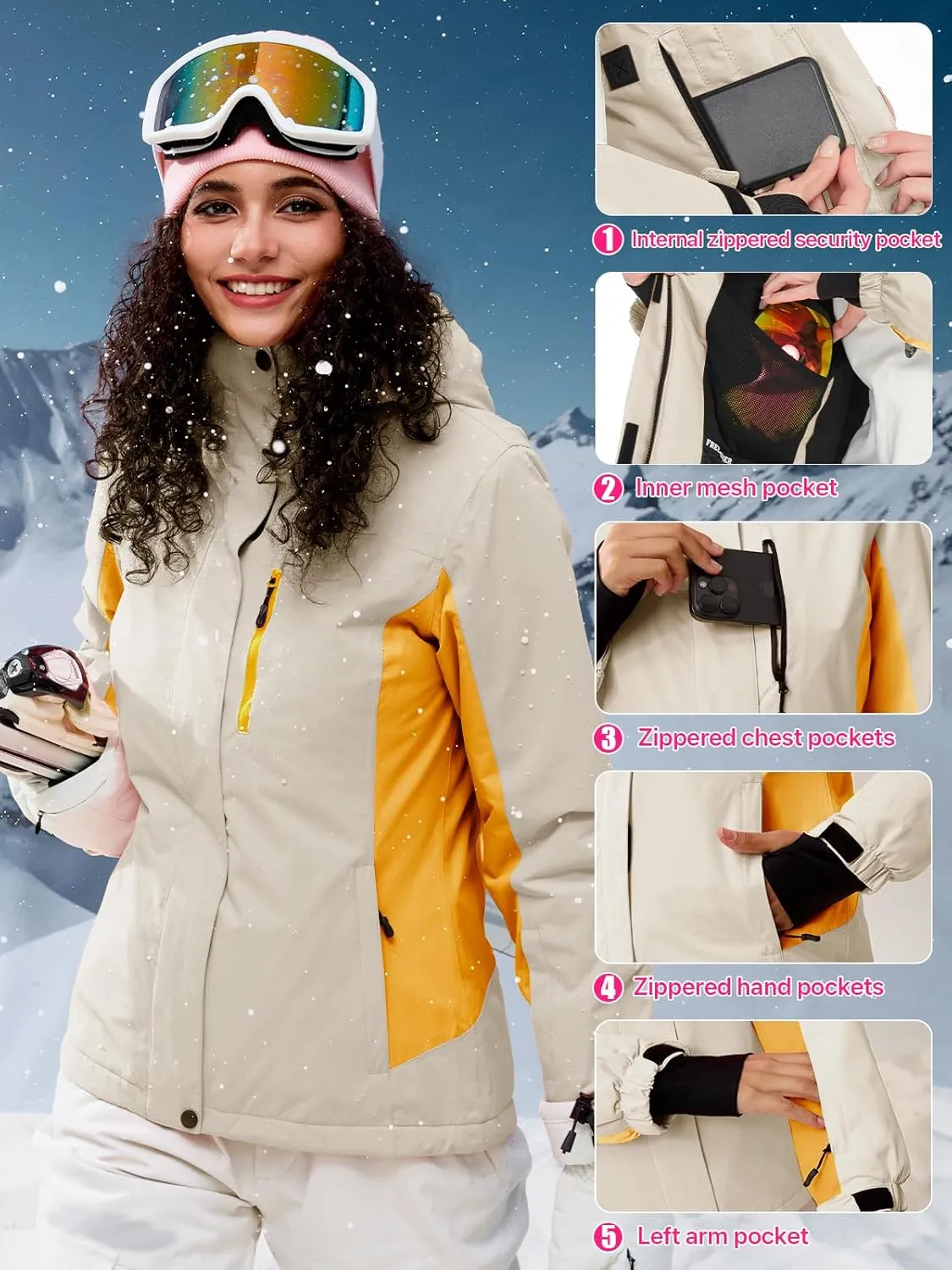 FREE SOLDIER Women's Waterproof Ski Snow Jacket Fleece Lined Warm Winter Rain Jacket with Hood Fully Taped Seams