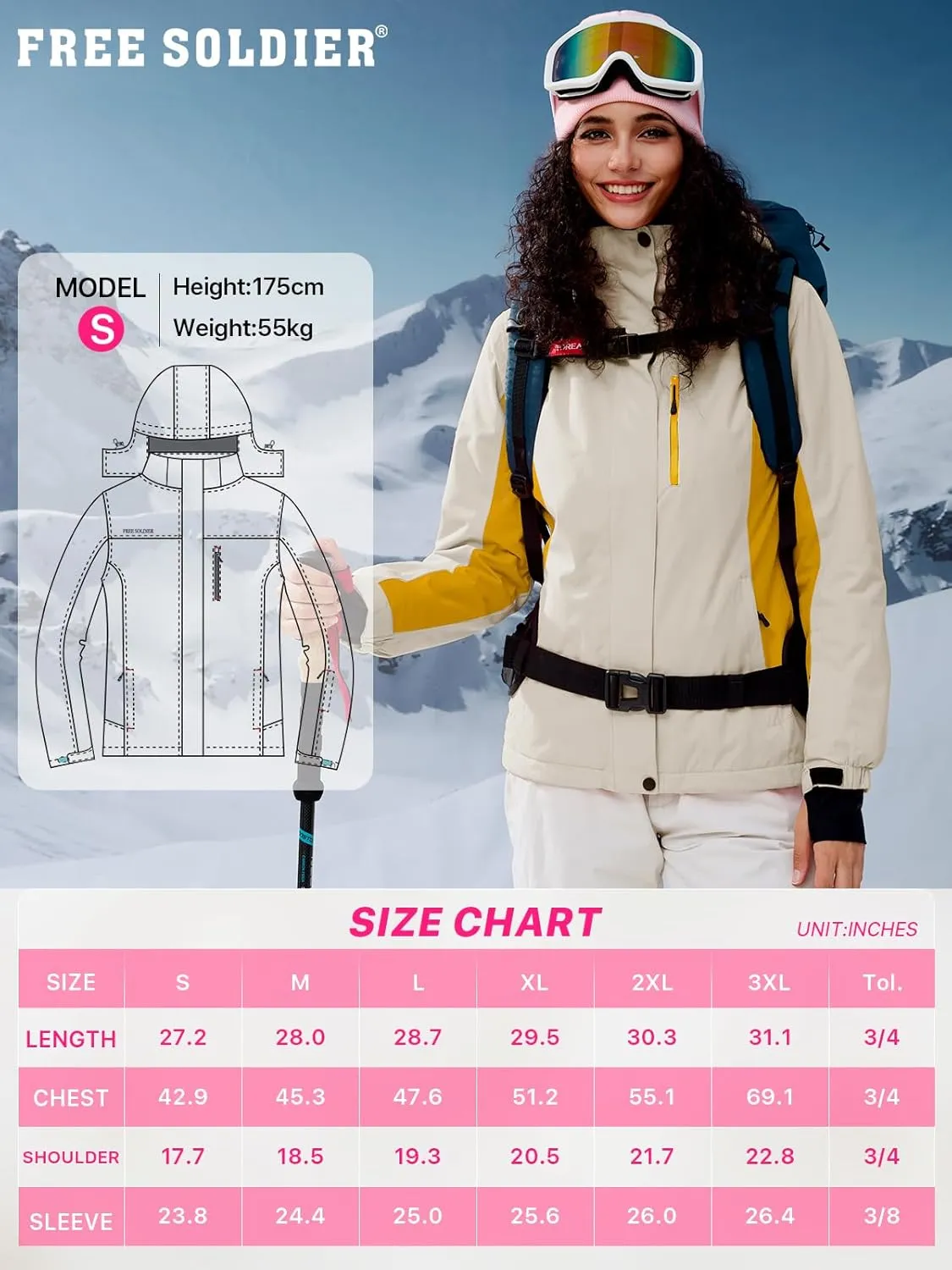 FREE SOLDIER Women's Waterproof Ski Snow Jacket Fleece Lined Warm Winter Rain Jacket with Hood Fully Taped Seams