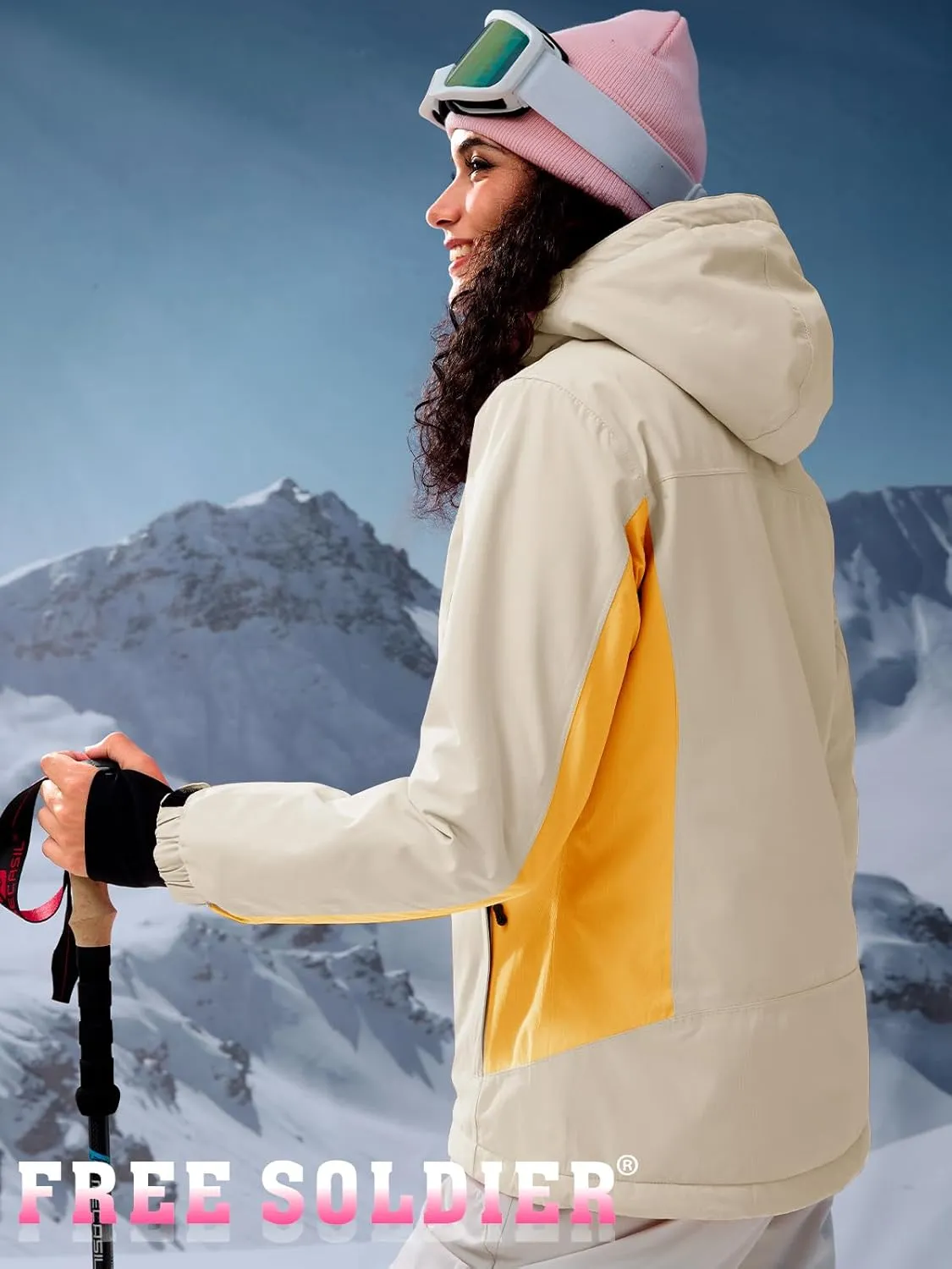 FREE SOLDIER Women's Waterproof Ski Snow Jacket Fleece Lined Warm Winter Rain Jacket with Hood Fully Taped Seams