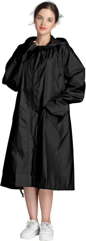 Freesmily Women Long Raincoat Waterproof Rain Jacket with Hood Zipper and Pockets Outdoors