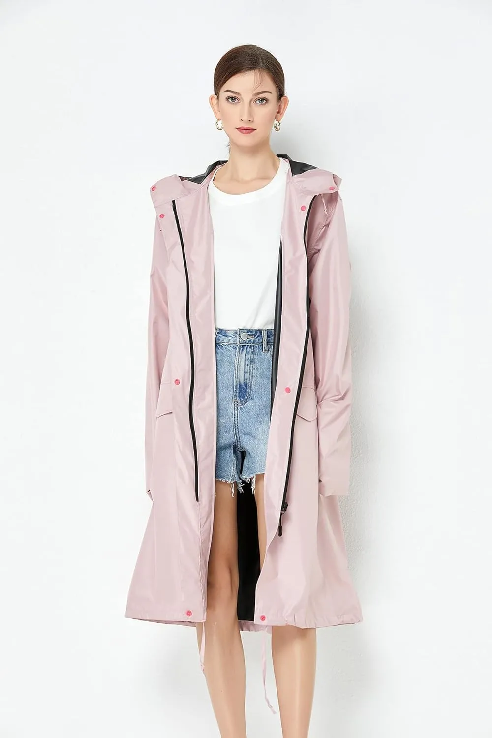 Freesmily Women Long Raincoat Waterproof Rain Jacket with Hood Zipper and Pockets Outdoors
