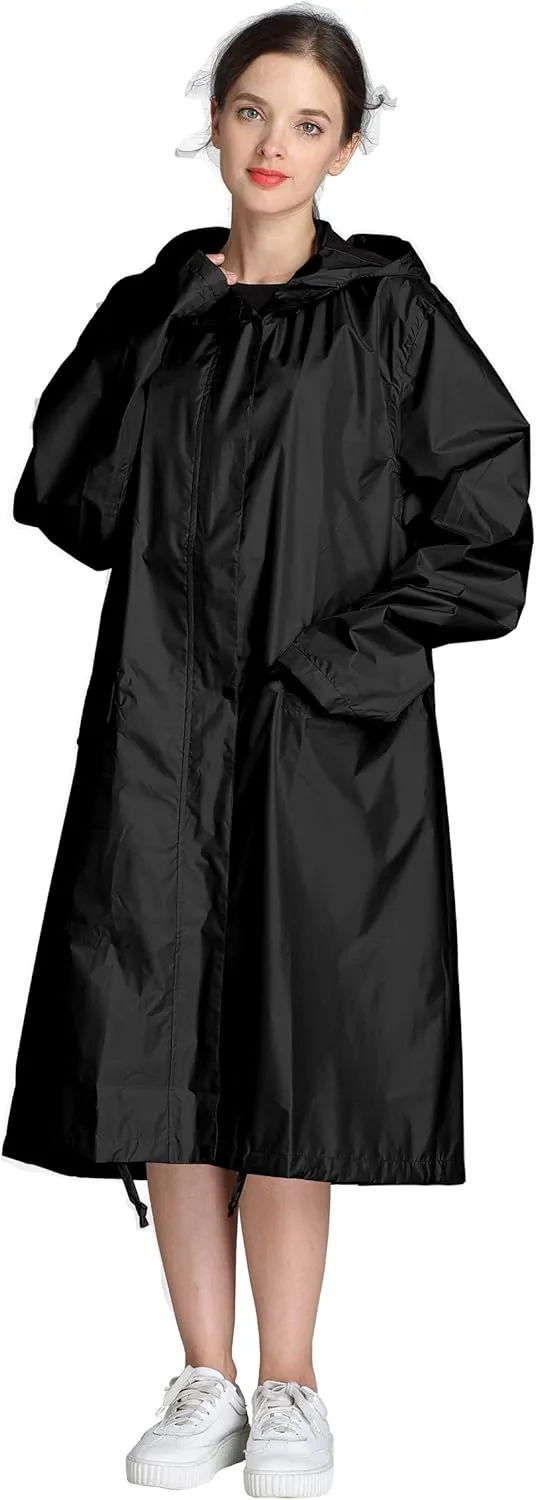 Freesmily Women Long Raincoat Waterproof Rain Jacket with Hood Zipper and Pockets Outdoors