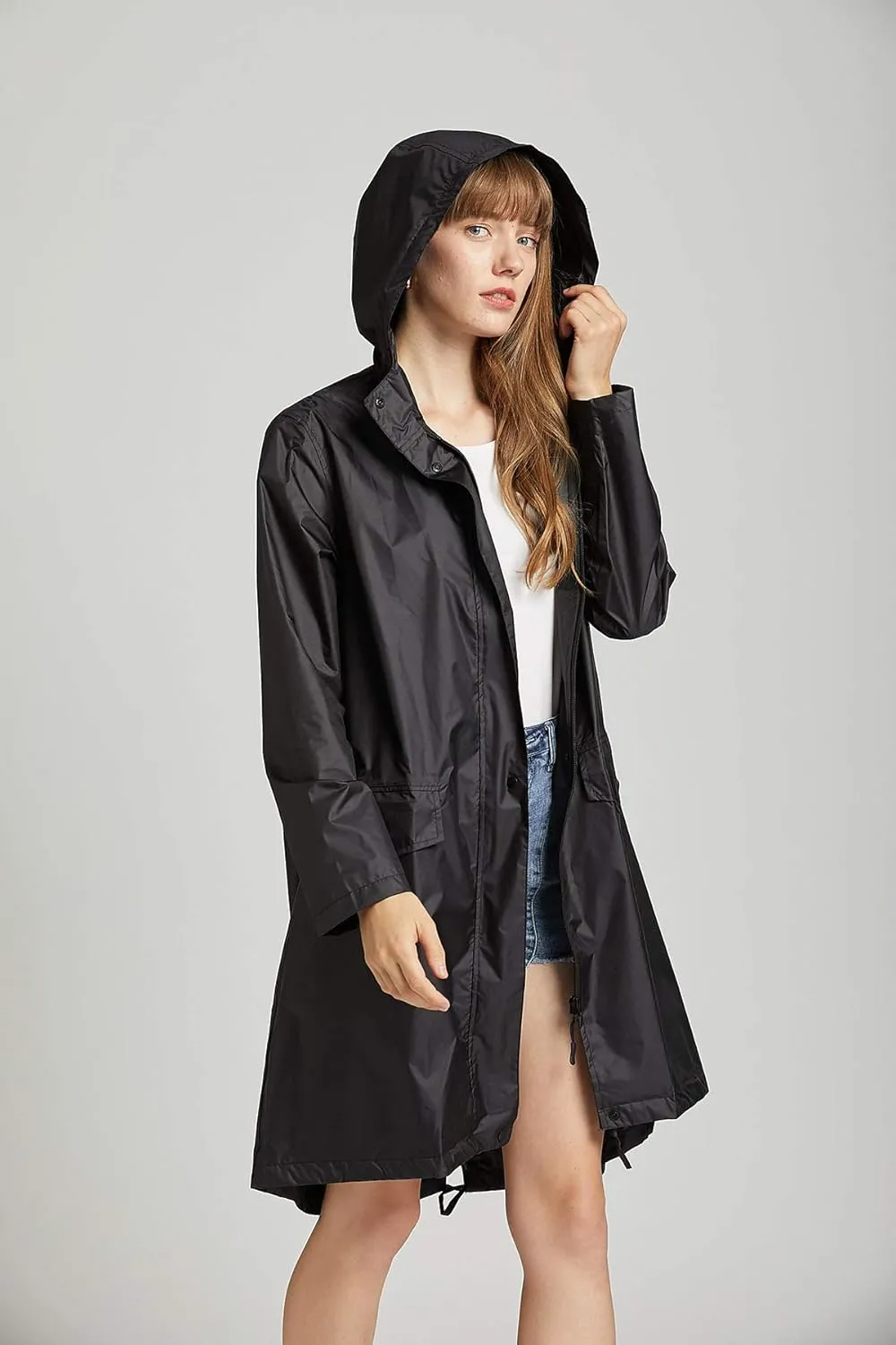 Freesmily Women Long Raincoat Waterproof Rain Jacket with Hood Zipper and Pockets Outdoors