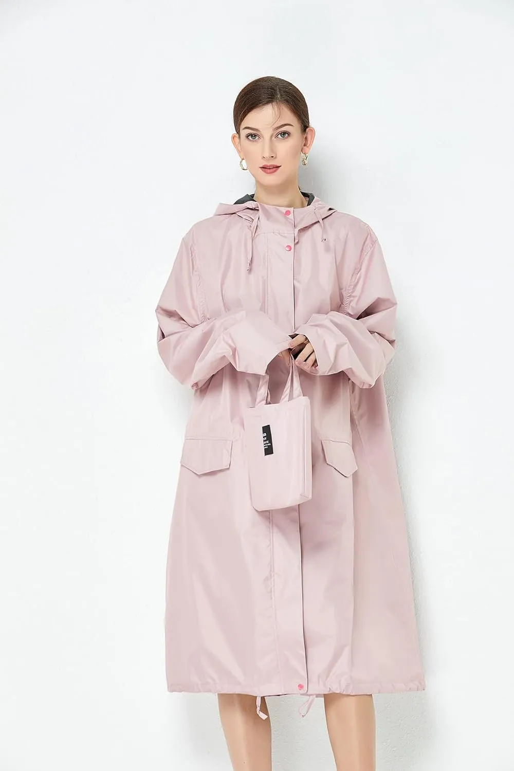 Freesmily Women Long Raincoat Waterproof Rain Jacket with Hood Zipper and Pockets Outdoors