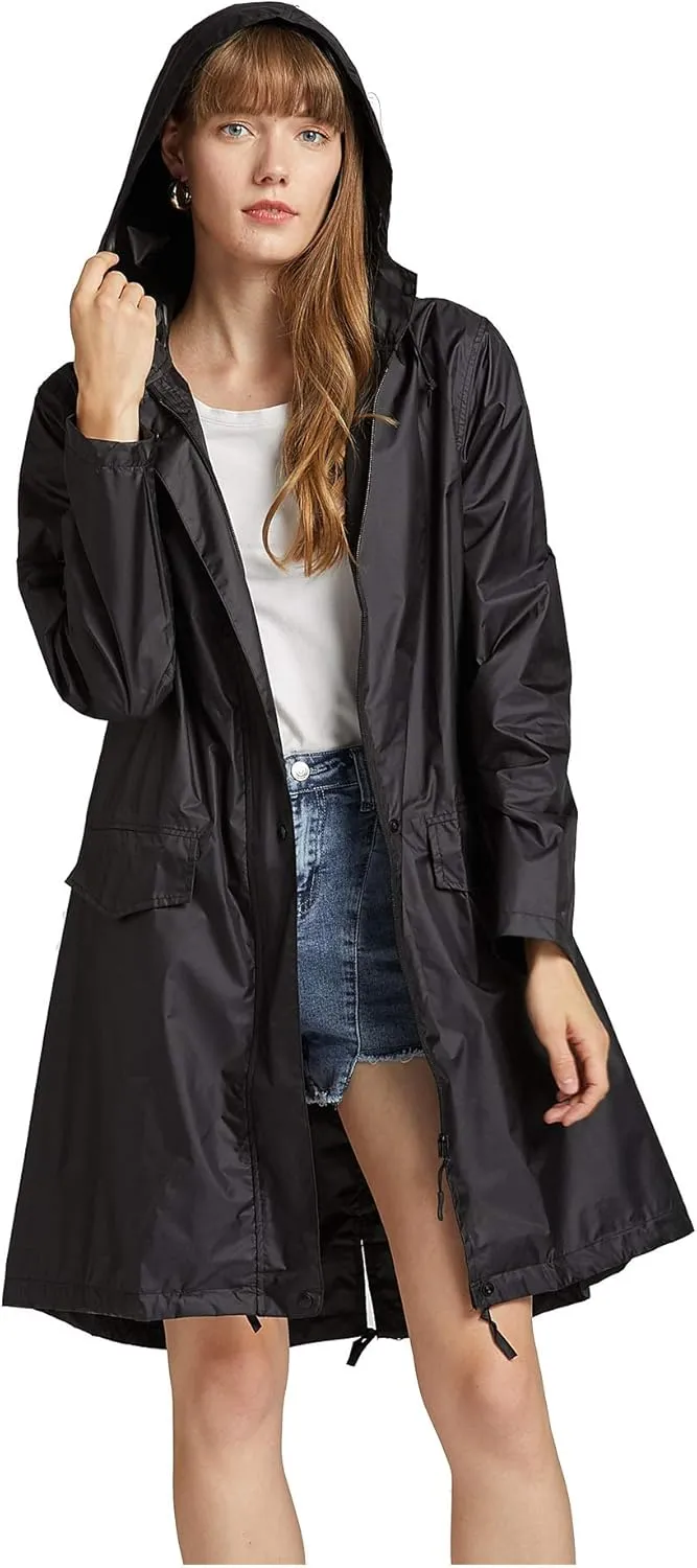 Freesmily Women Long Raincoat Waterproof Rain Jacket with Hood Zipper and Pockets Outdoors